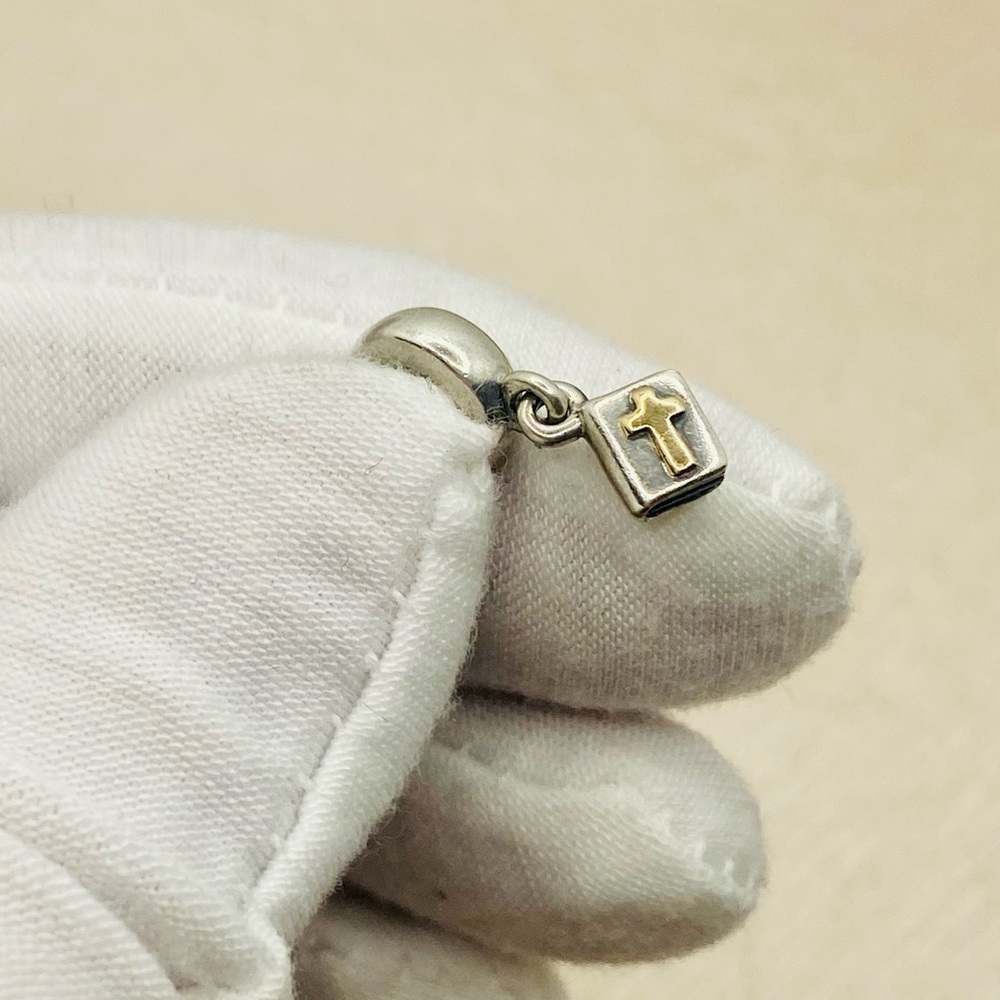 EUC Pandora 790409 Sterling Silver Bible Dangle Bead w/ 14k Yellow Gold Cross - Picture 4 of 9